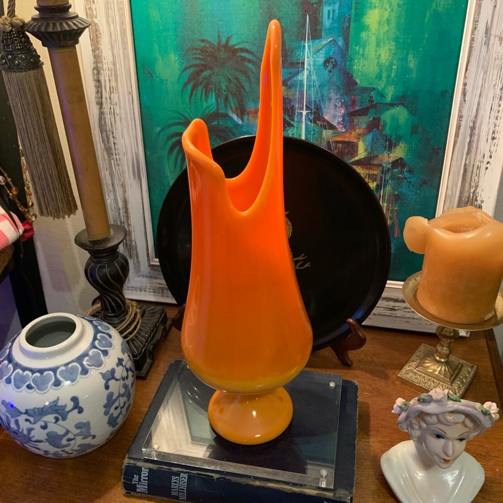 Bittersweet Orange Swung Glass Vase 14" Vintage Mid Century LE Smith MCM